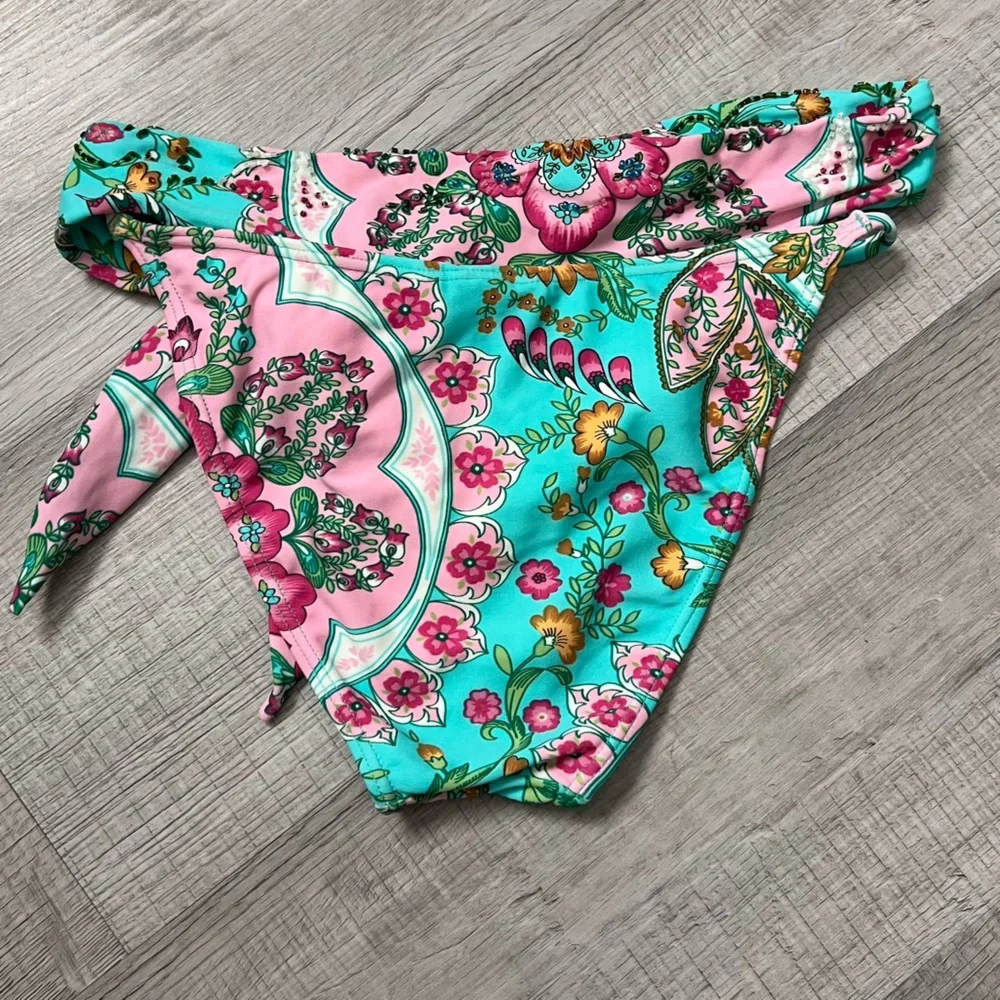 CIA.MARÍTIMA BRASIL Beaded Side Tie Floral Pink Turquoise Bikini Bottom Medium